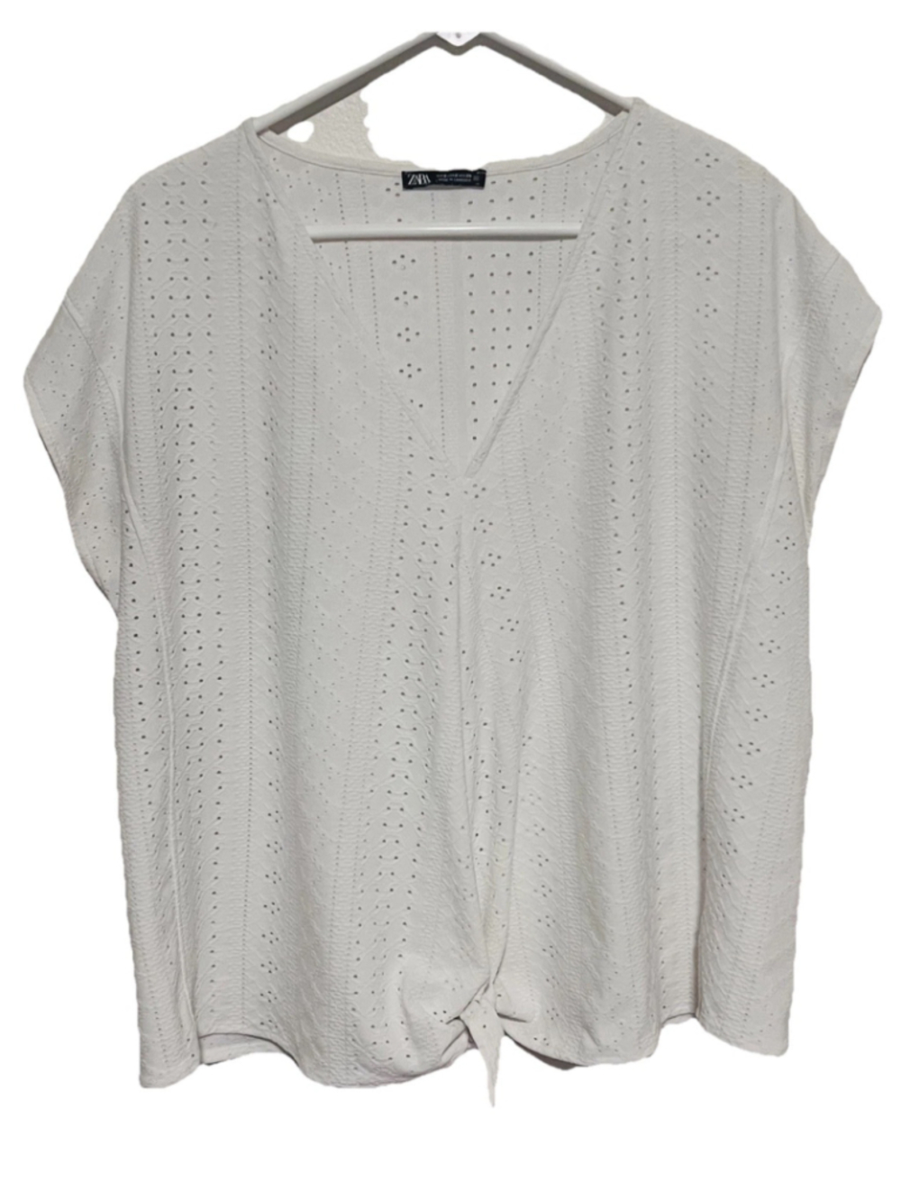 Zara Eyelet Tie Front Top Women’s Small White Boho Beach Classic Short Sleeve